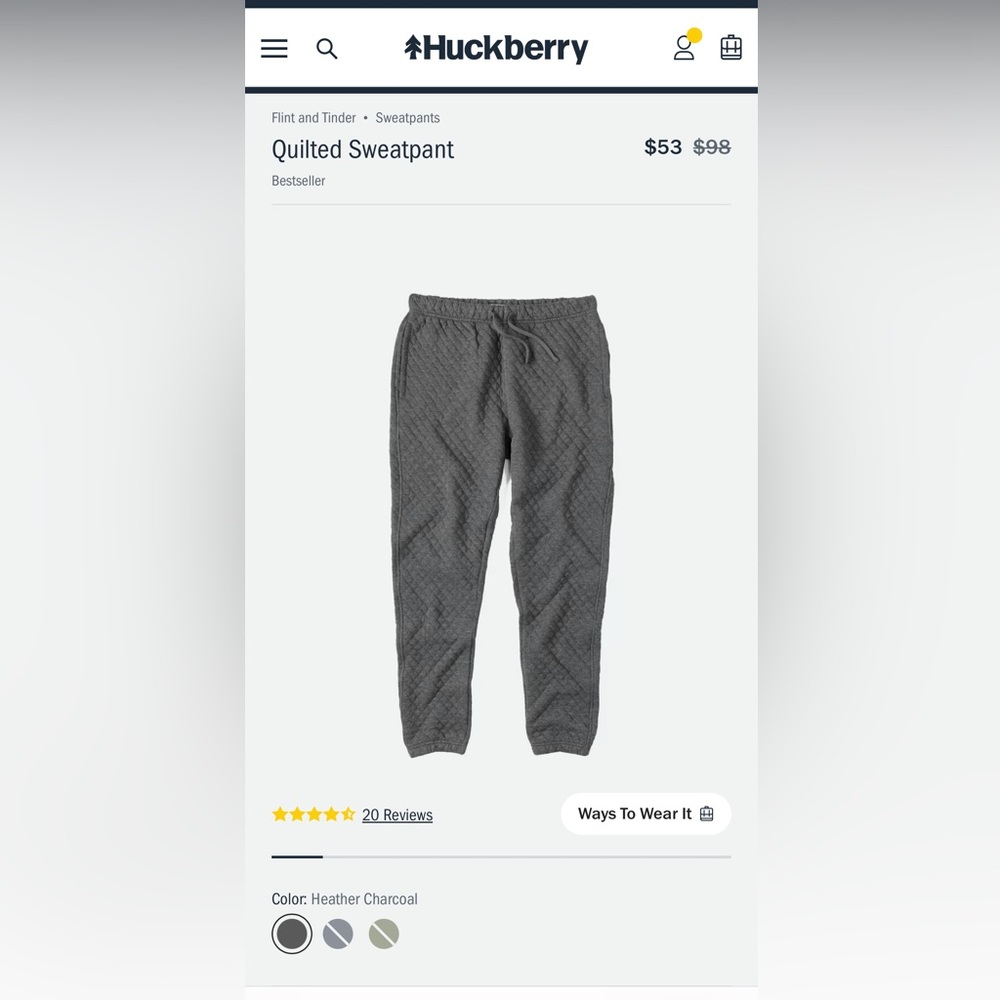 Never Worn Huckberry Flint and Tinder Grey Quilted Sweatpants